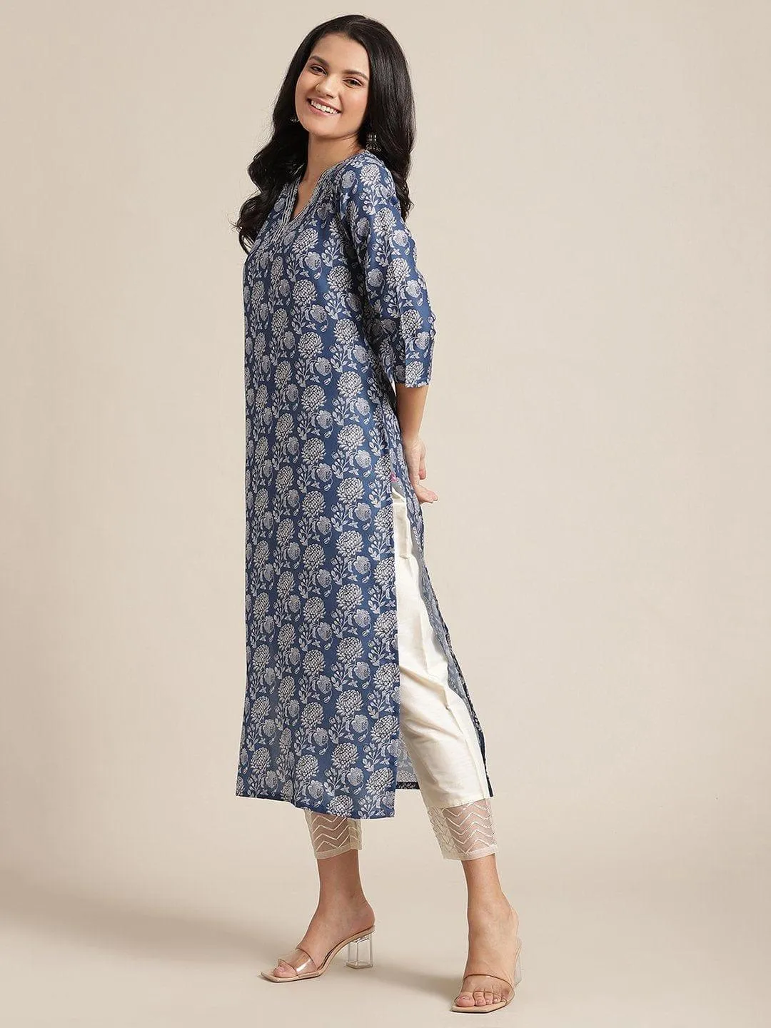 Blue Silk Floral Printed Kurta With Gota Work On Yoke And 3/4 Sleeves