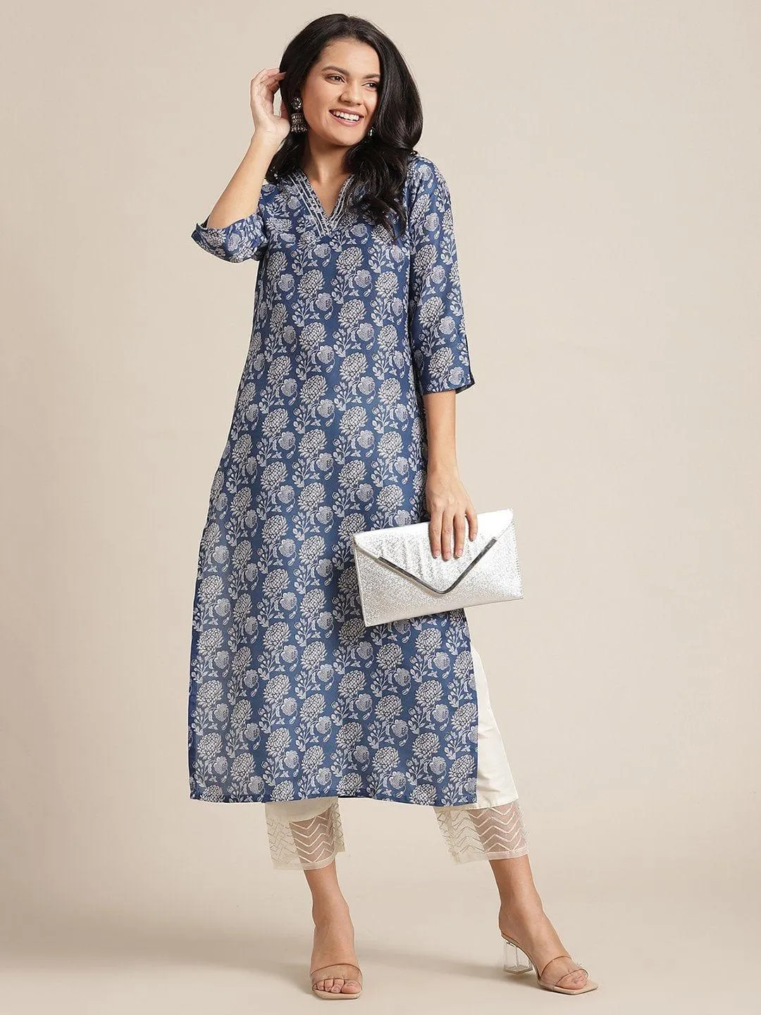 Blue Silk Floral Printed Kurta With Gota Work On Yoke And 3/4 Sleeves