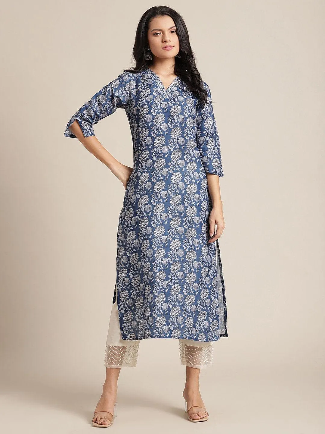 Blue Silk Floral Printed Kurta With Gota Work On Yoke And 3/4 Sleeves