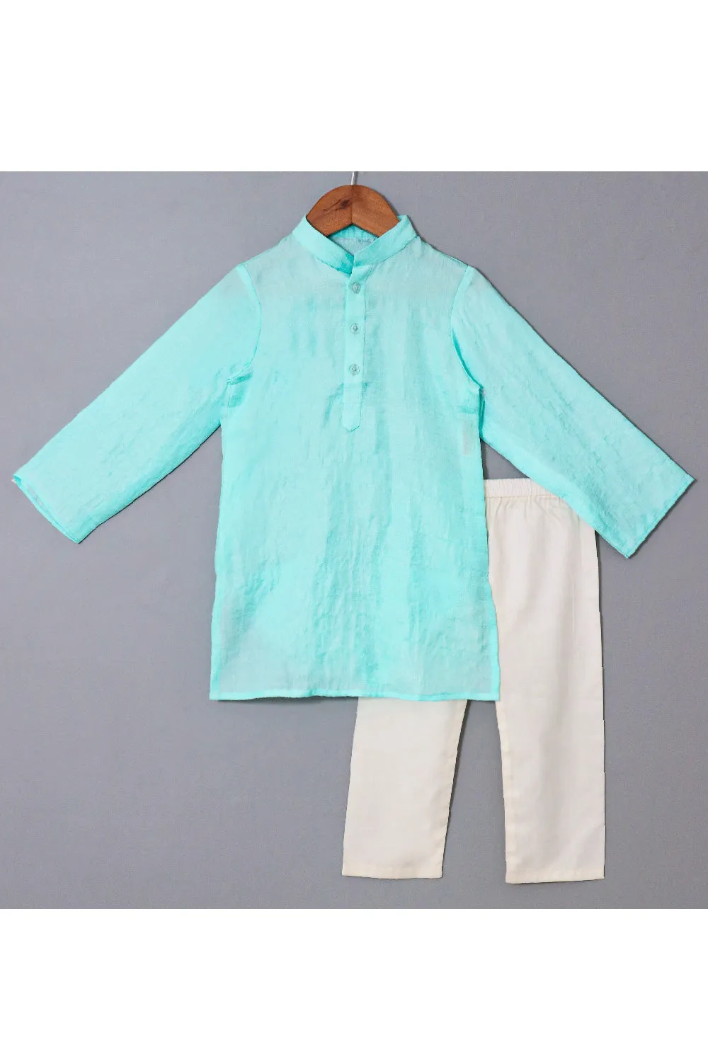 Blue Silk Kurta With Floral Printed Cotton Linen Jacket Set