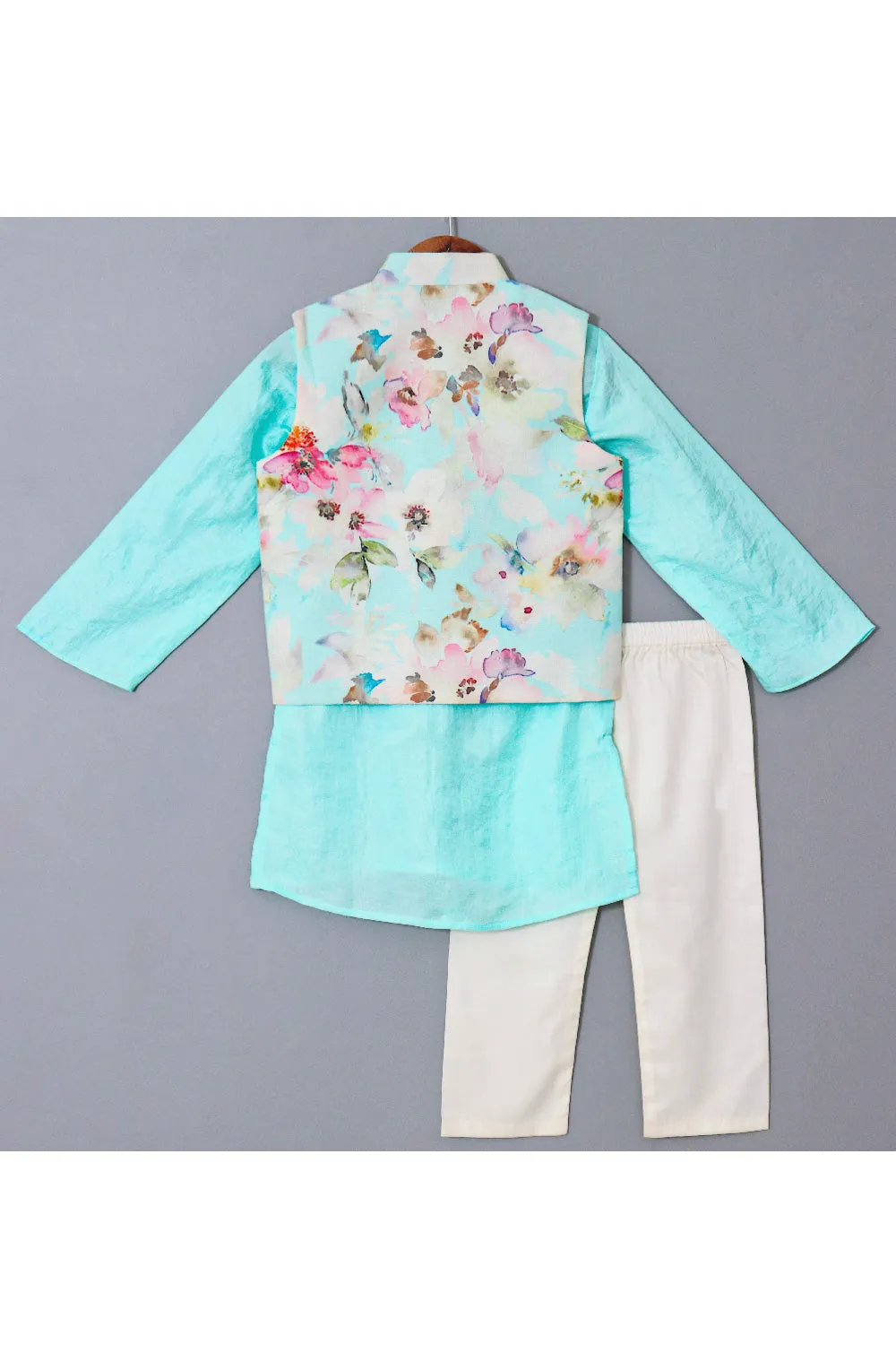 Blue Silk Kurta With Floral Printed Cotton Linen Jacket Set