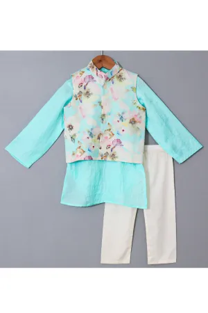 Blue Silk Kurta With Floral Printed Cotton Linen Jacket Set