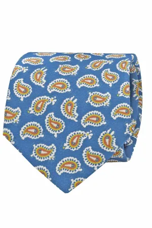 Blue silk printed tie with orange & yellow paisley archives design