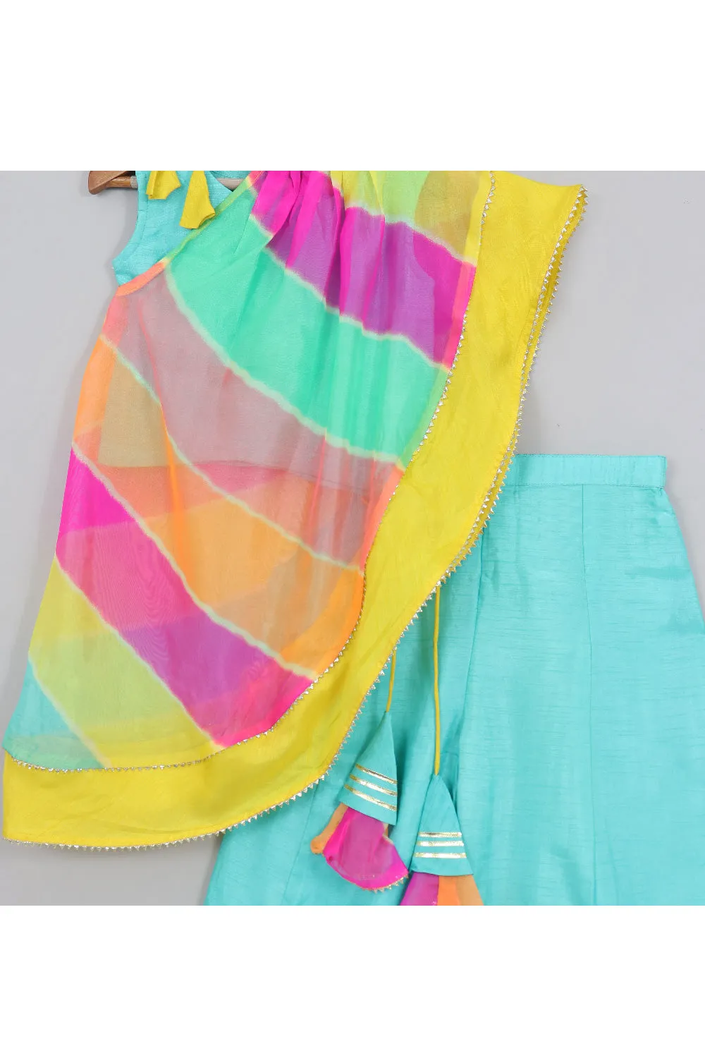 Blue Silk Sleeveless Top With Palazzo And Multicolor Drape Set