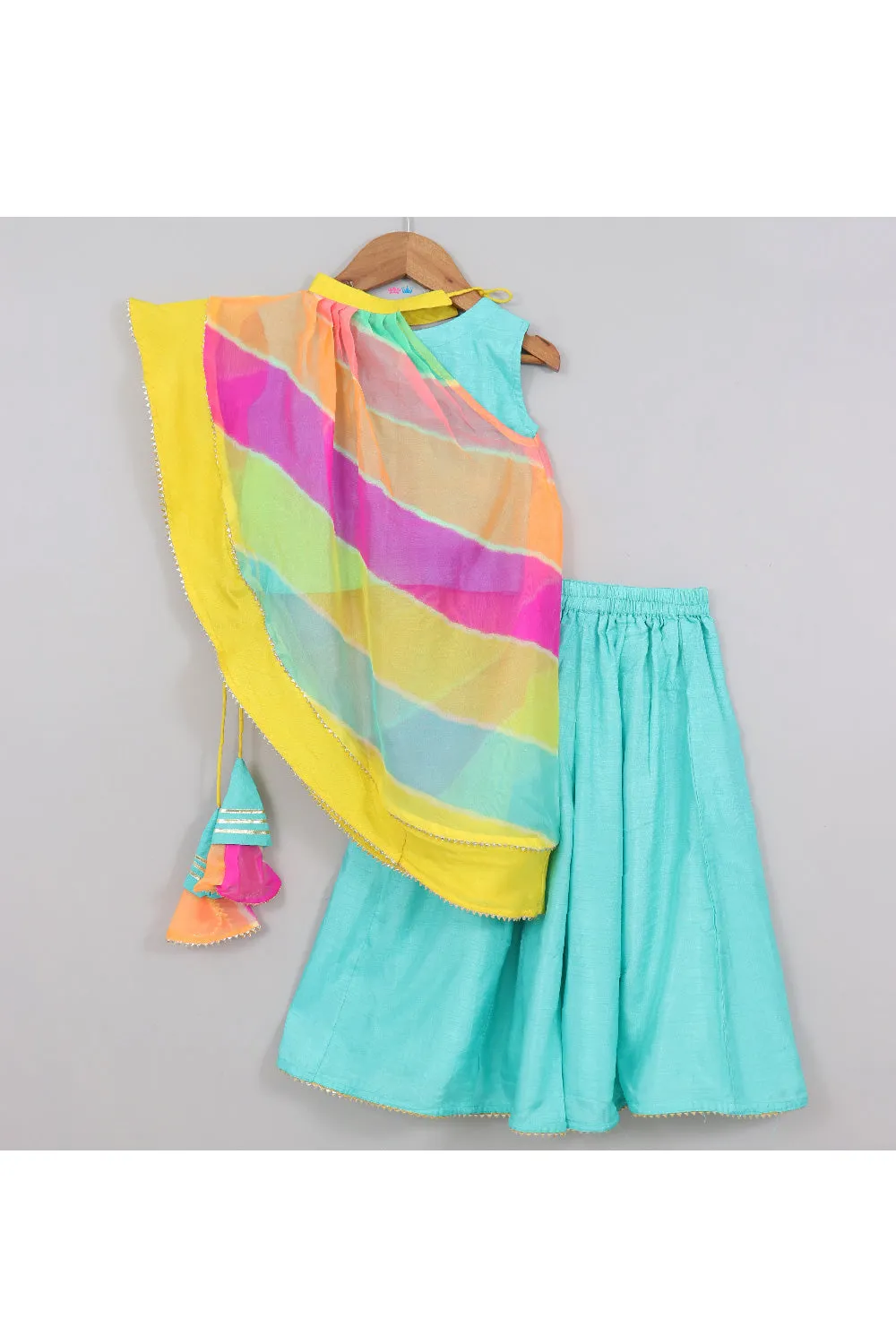 Blue Silk Sleeveless Top With Palazzo And Multicolor Drape Set