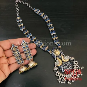 Blue Silver and Gold Dual tone Necklace with Blue Cultured Stones