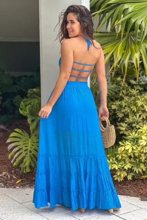 Blue Smocked Maxi Dress with Strappy Back