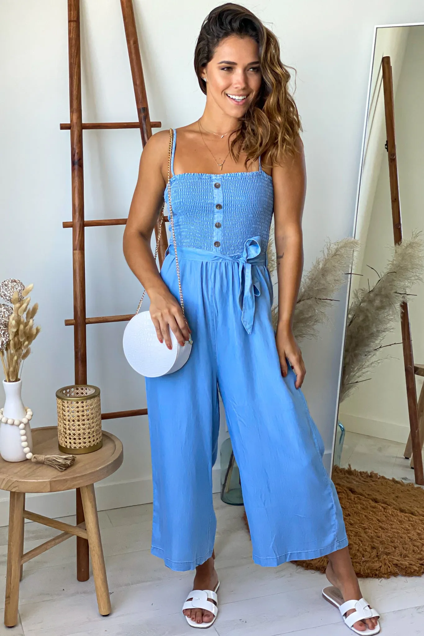 Blue Smocked Top Jumpsuit With Buttons