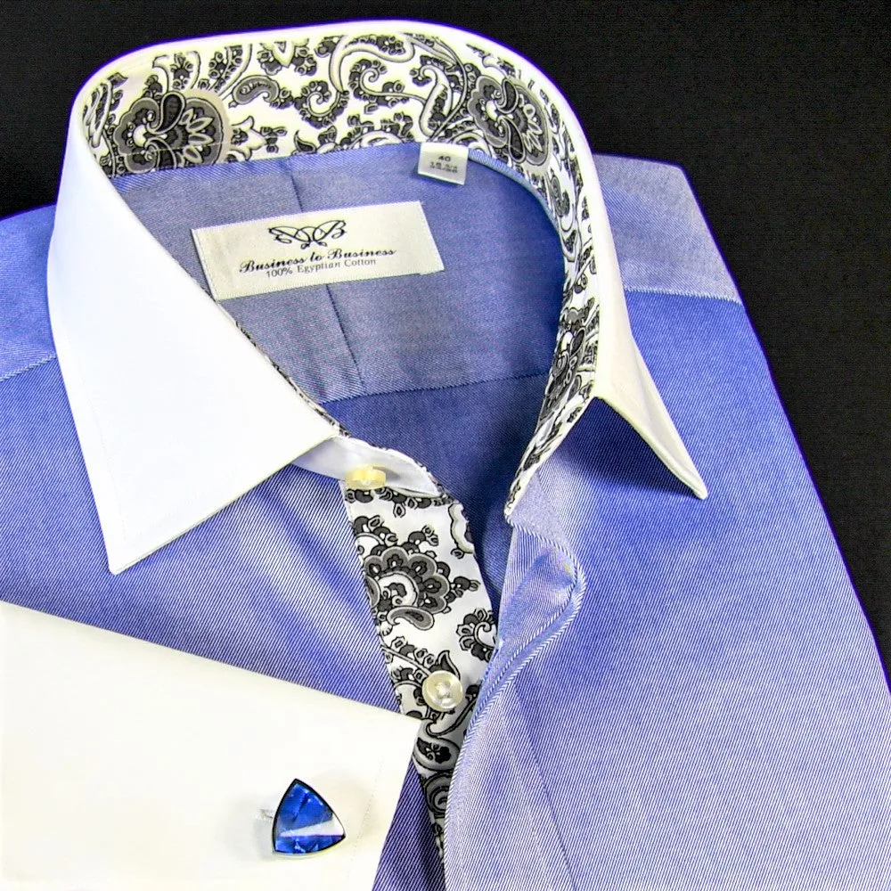 Blue Solid Oxford Winchester Cotton Formal Business Dress Shirt Floral Inner-Lining