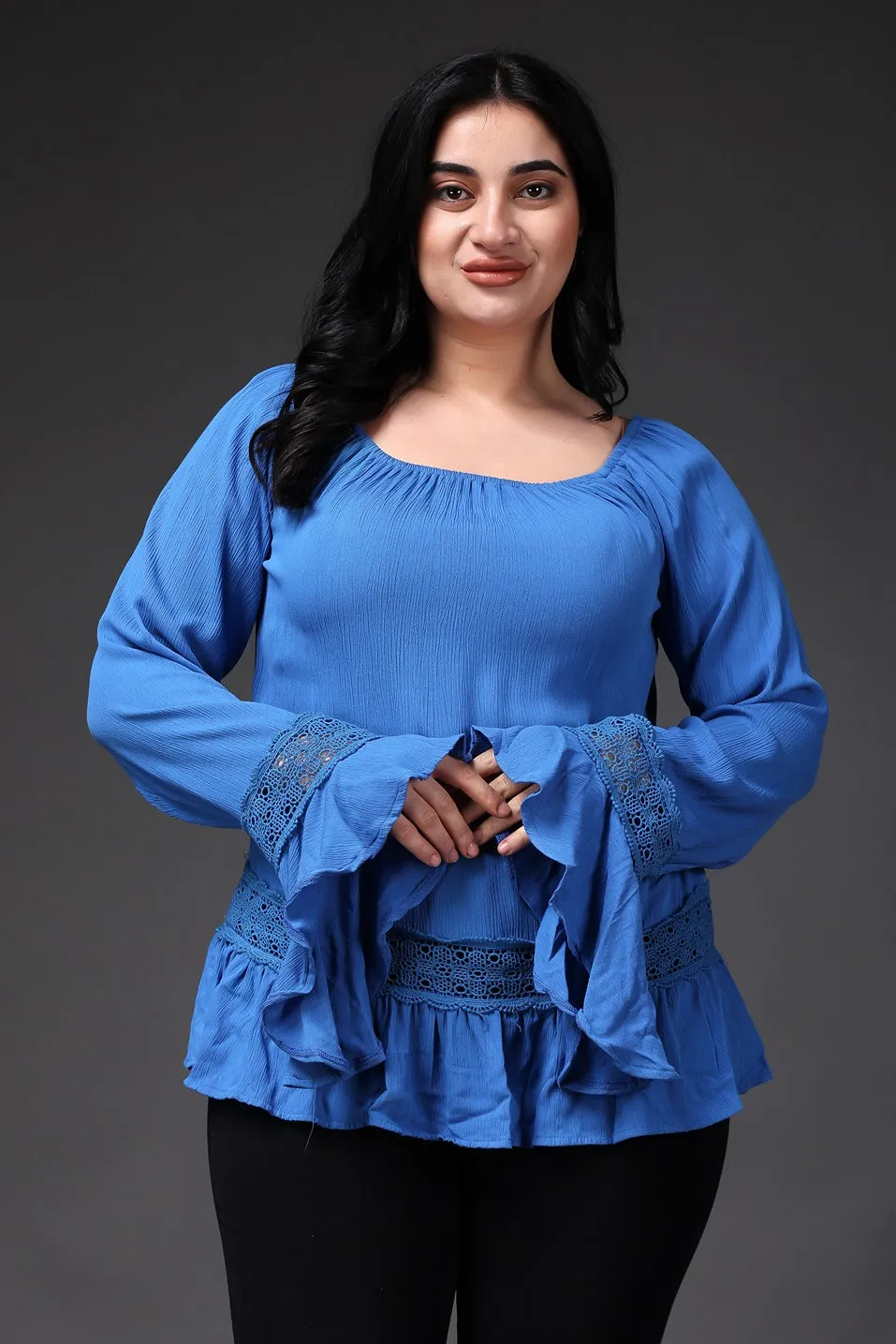 Blue Solid Top with Stylish Sleeves