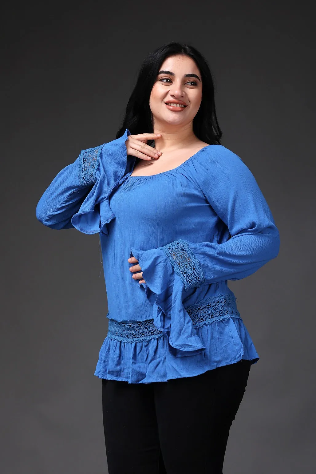 Blue Solid Top with Stylish Sleeves