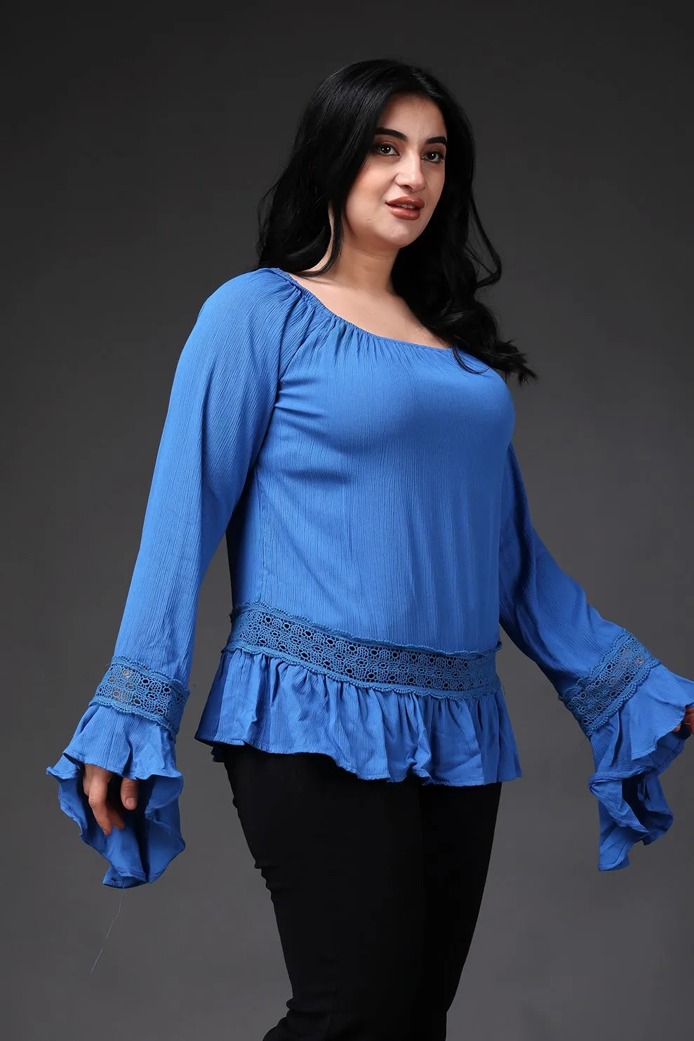 Blue Solid Top with Stylish Sleeves