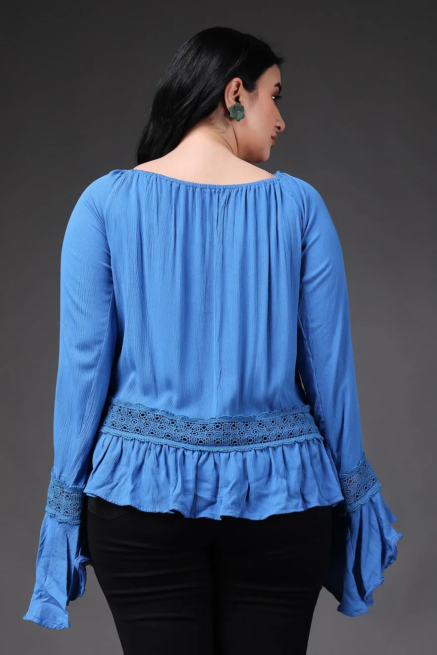 Blue Solid Top with Stylish Sleeves