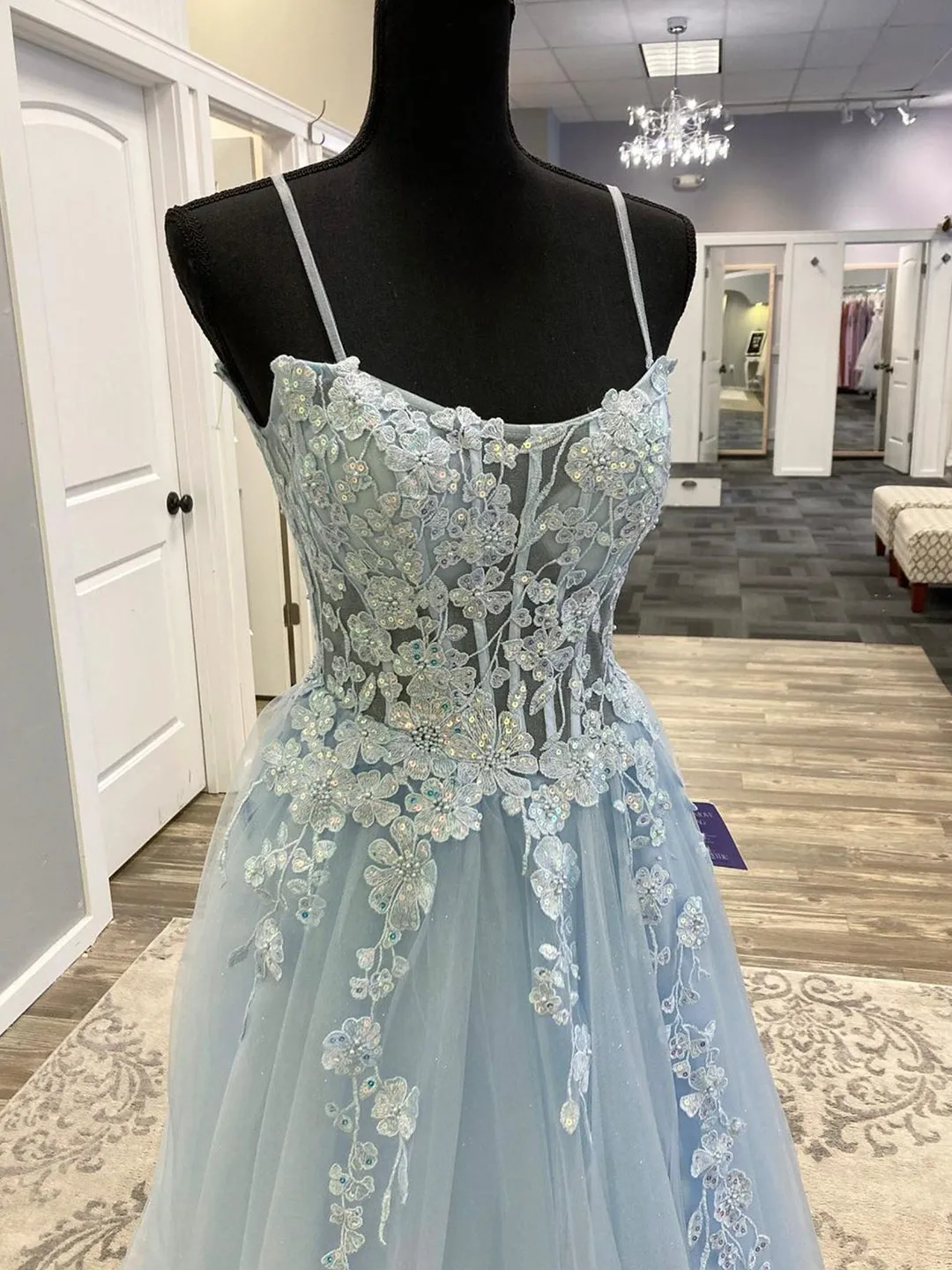 Blue Spaghetti Strap Tulle Long Prom Dress with Lace A-Line Evening Party Dress