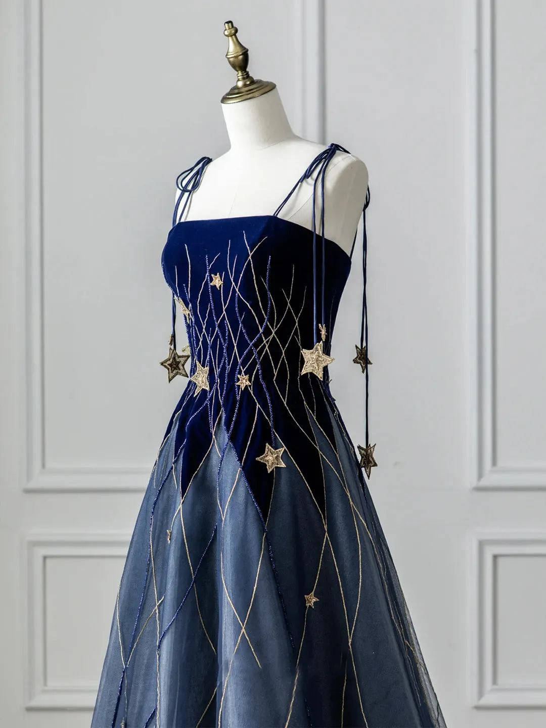 Blue Spaghetti Strap Velvet Long Prom Dress with Star Blue Evening Dress Party Dress