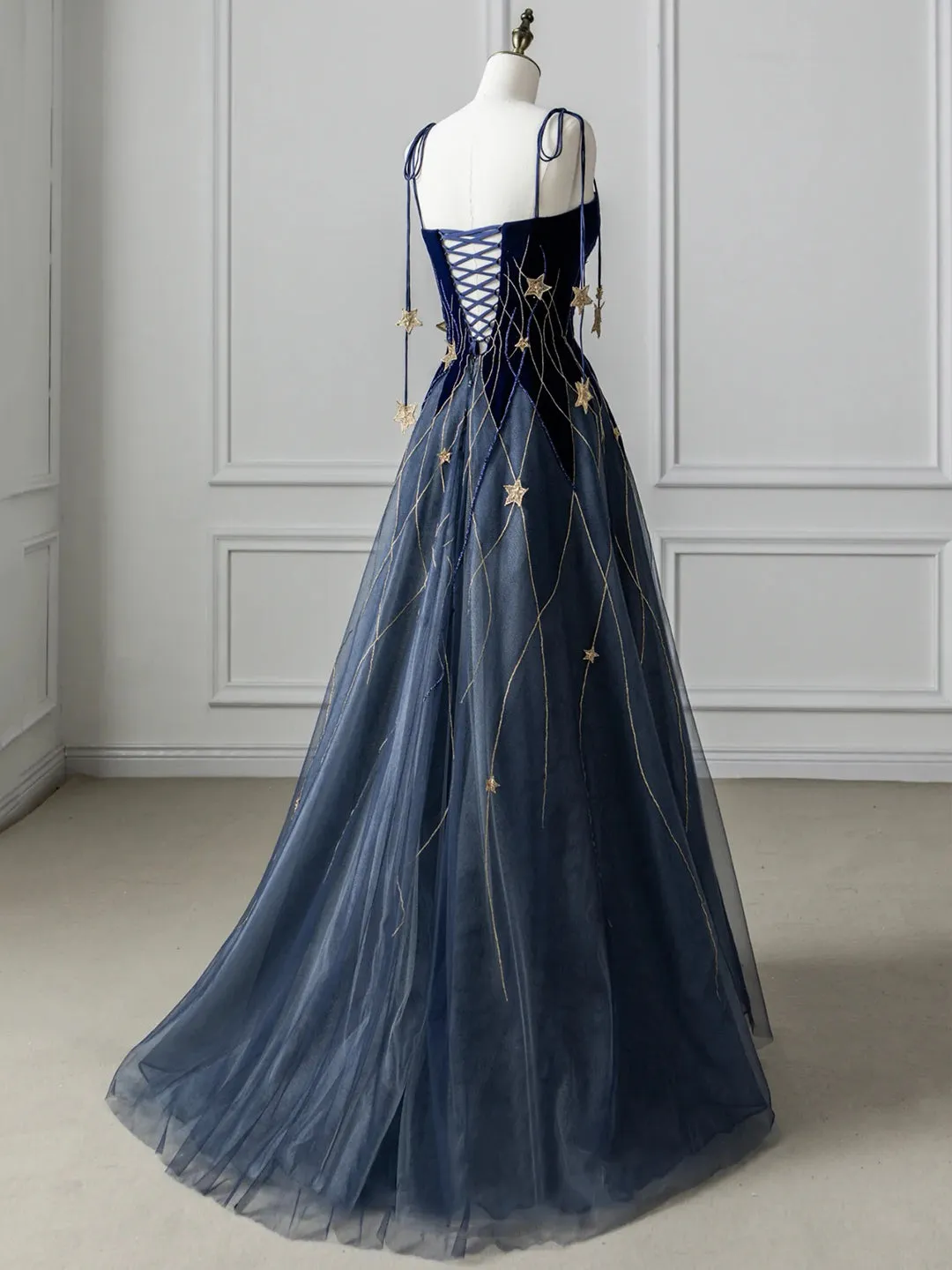 Blue Spaghetti Strap Velvet Long Prom Dress with Star Blue Evening Dress Party Dress