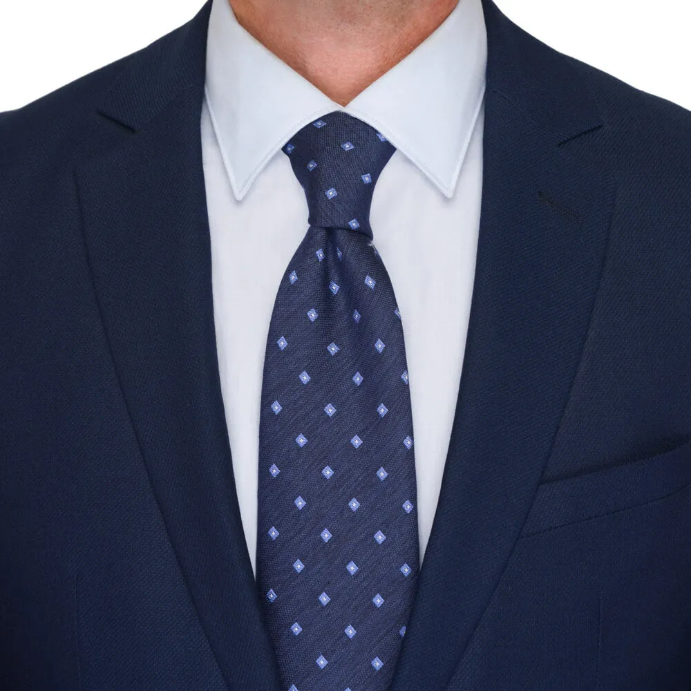 Blue Square Motif Cotton Silk Wool Tie