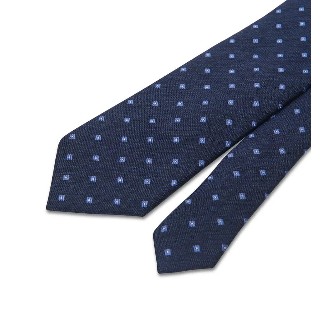 Blue Square Motif Cotton Silk Wool Tie