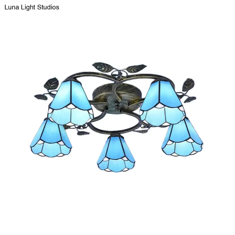 Blue Stained Glass Semi Flush Light with 9/5 Lights for Stairway - Rustic Conical Design