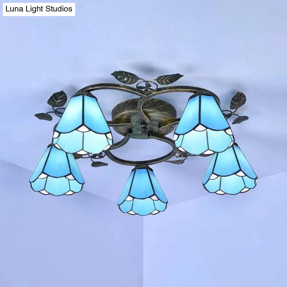 Blue Stained Glass Semi Flush Light with 9/5 Lights for Stairway - Rustic Conical Design