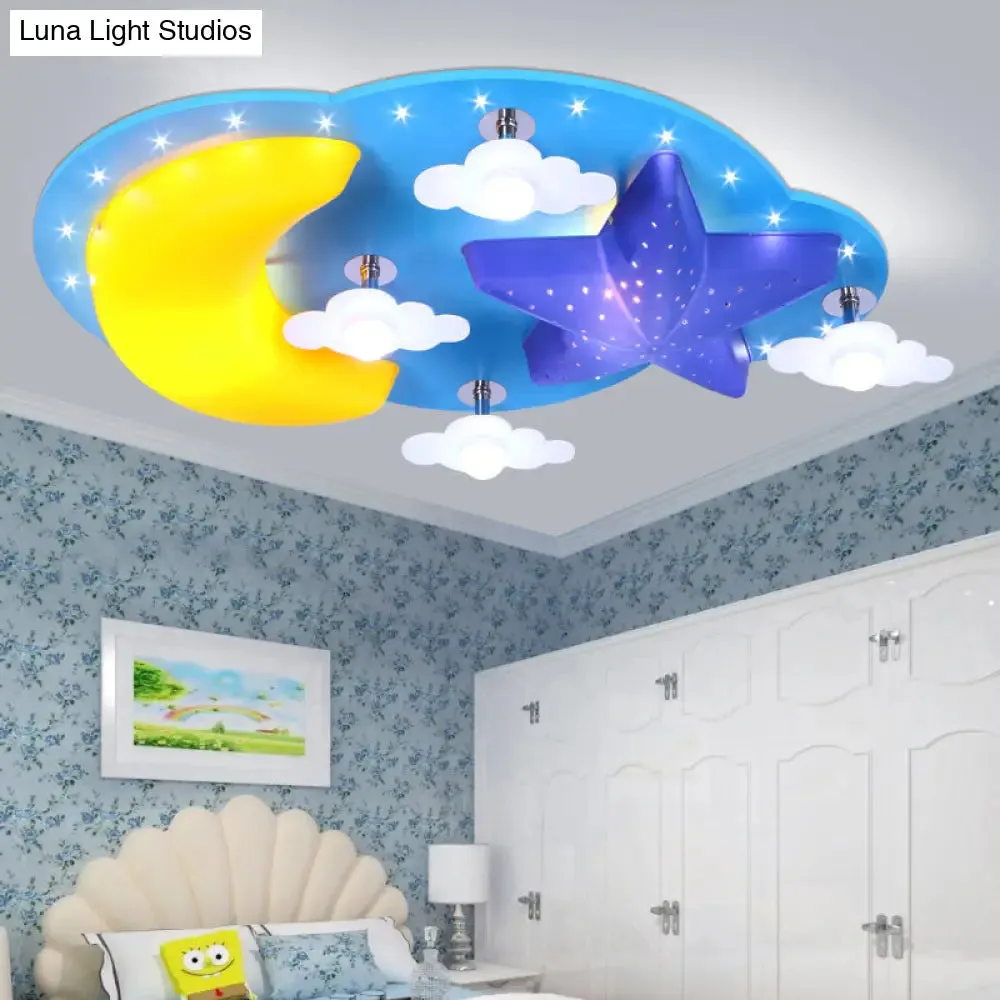 Blue Star Moon Cartoon Wood Ceiling Lamp for Kids Bedroom