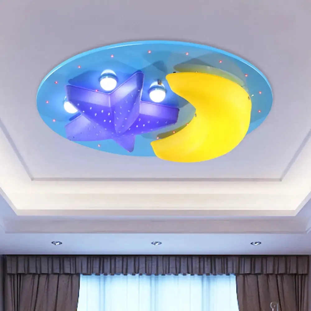 Blue Star Moon Cartoon Wood Ceiling Lamp for Kids Bedroom