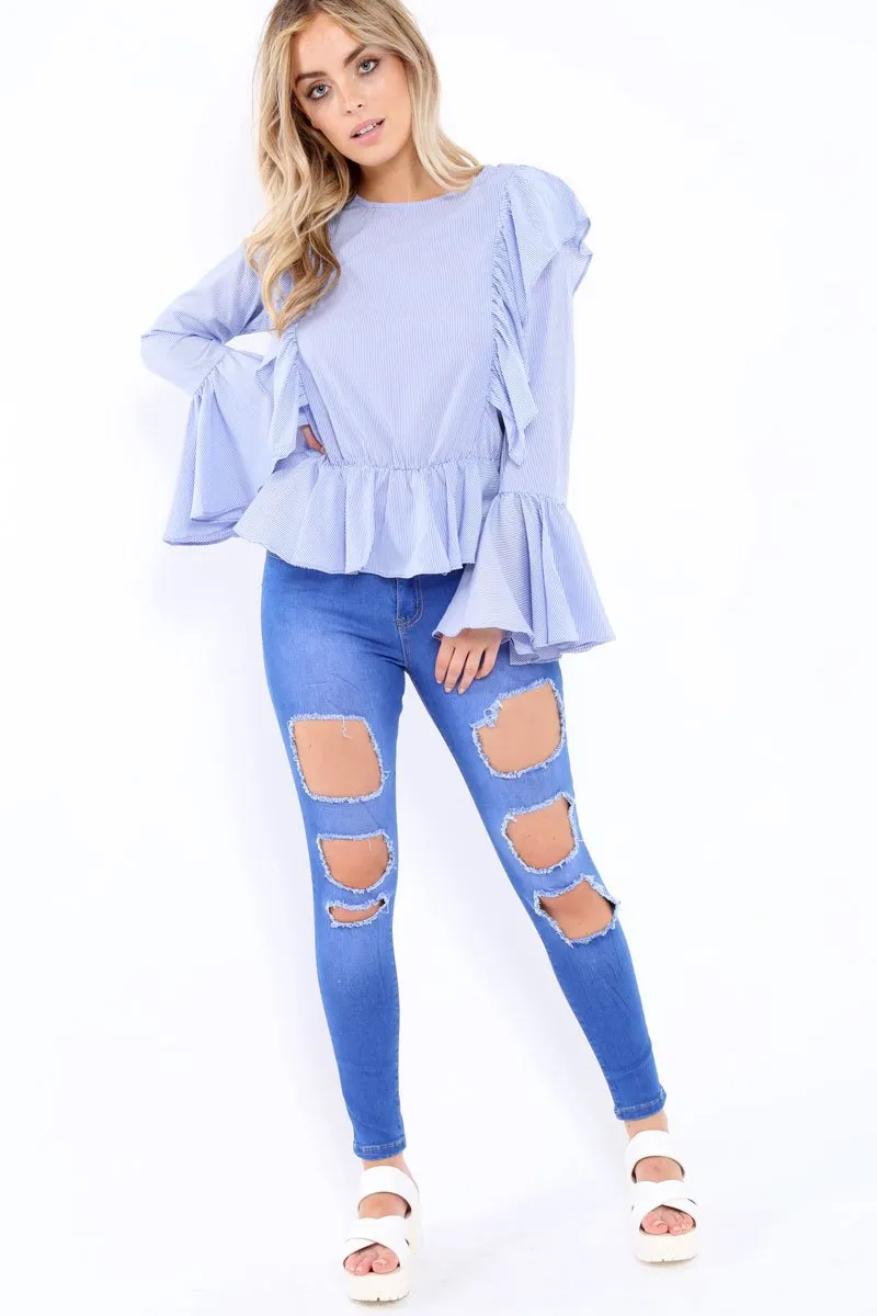 Blue Stripe Frill Hem Blouse - Alexis