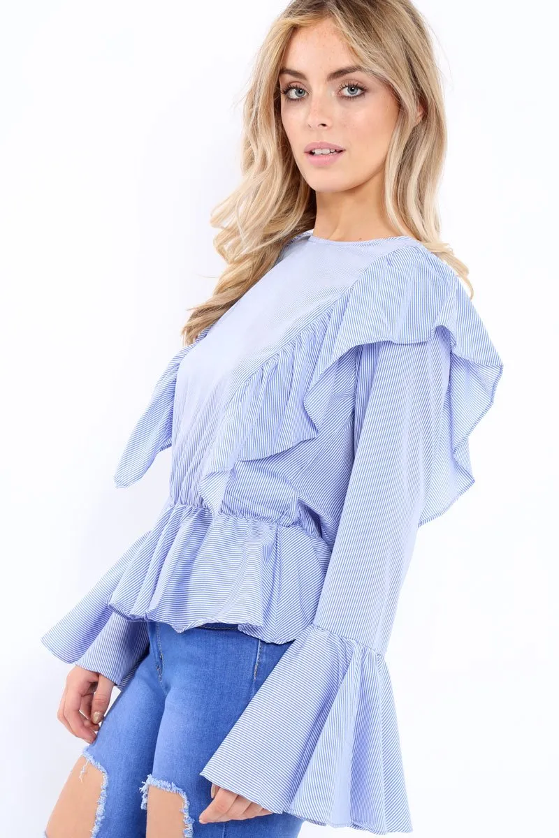 Blue Stripe Frill Hem Blouse - Alexis