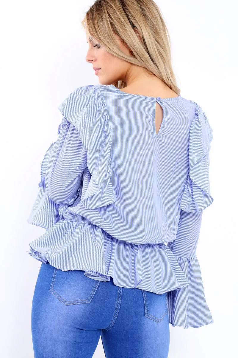 Blue Stripe Frill Hem Blouse - Alexis