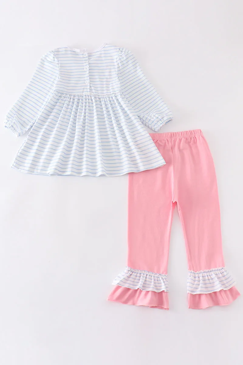 Blue stripe valentine heart embroidery girl set