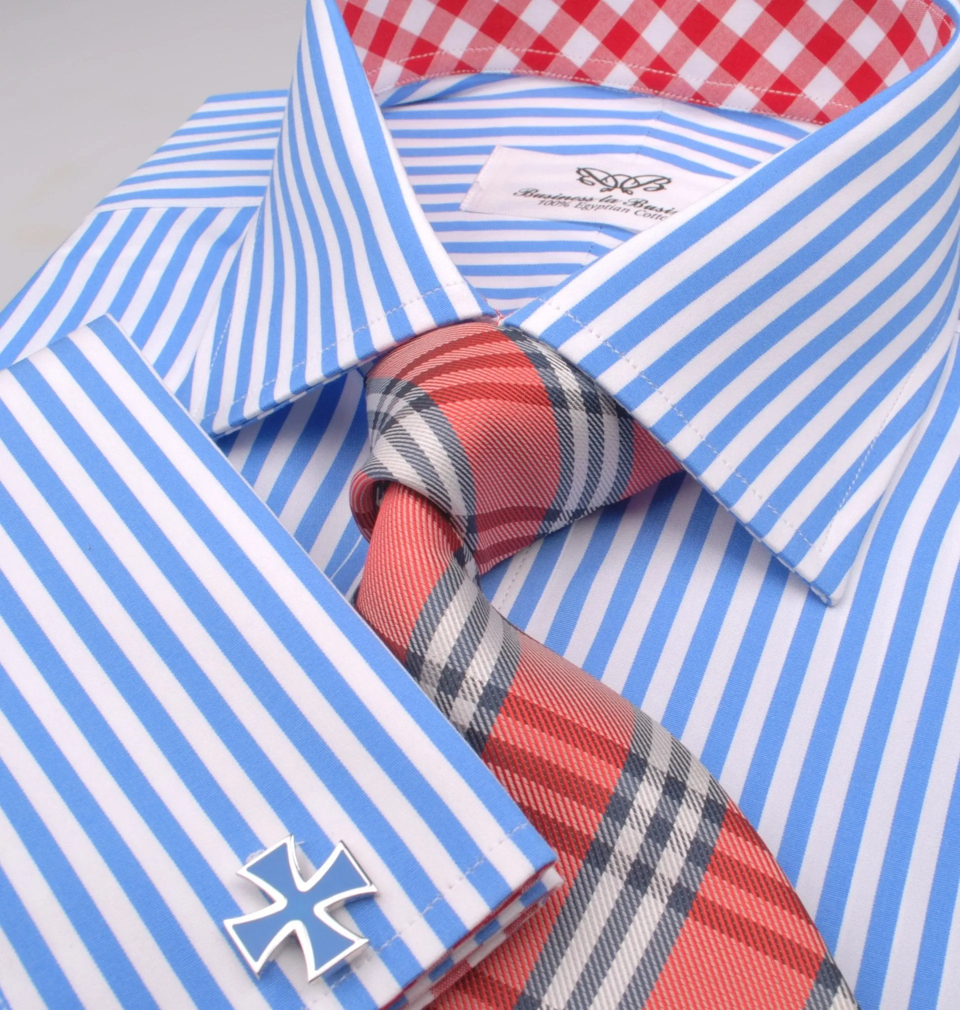 Blue Striped Formal Business Dress Shirt with Red Gingham Checkers Inner-Lining