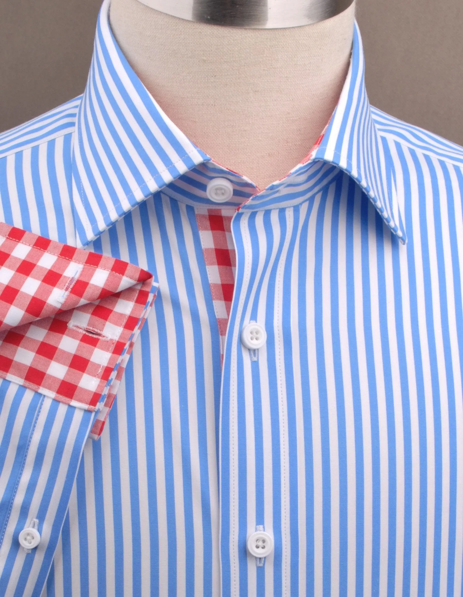 Blue Striped Formal Business Dress Shirt with Red Gingham Checkers Inner-Lining