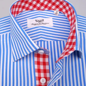 Blue Striped Formal Business Dress Shirt with Red Gingham Checkers Inner-Lining