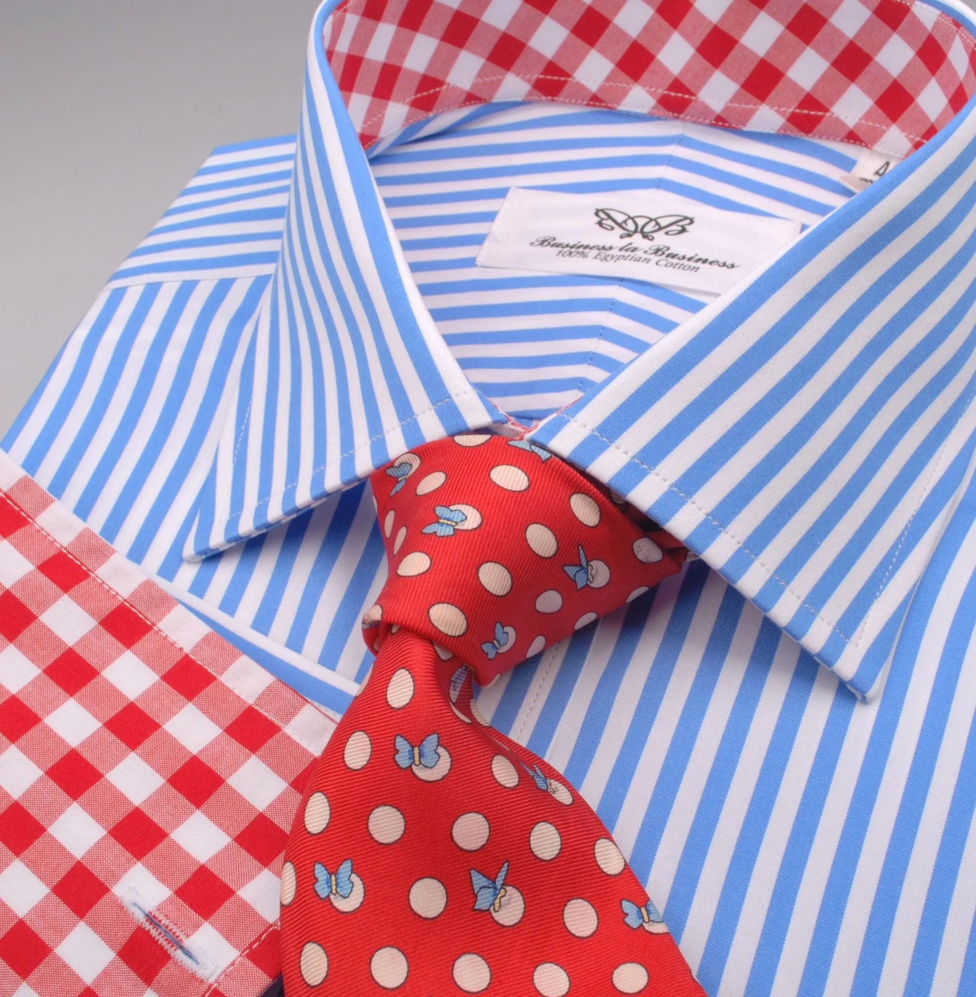 Blue Striped Formal Business Dress Shirt with Red Gingham Checkers Inner-Lining