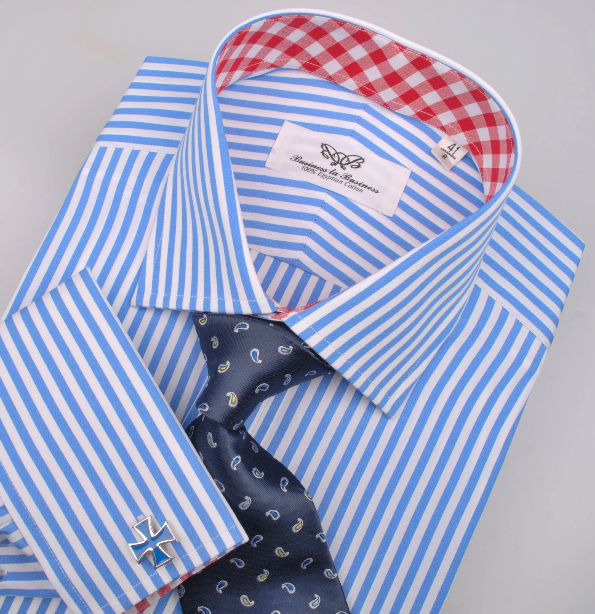 Blue Striped Formal Business Dress Shirt with Red Gingham Checkers Inner-Lining