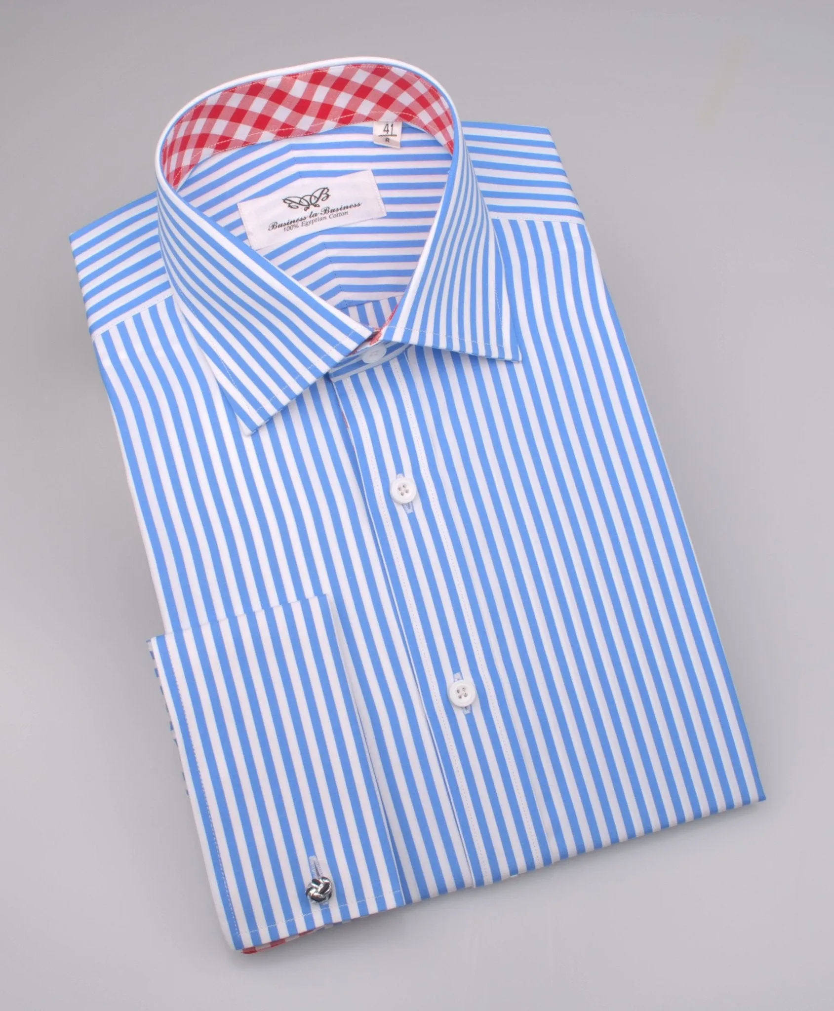 Blue Striped Formal Business Dress Shirt with Red Gingham Checkers Inner-Lining