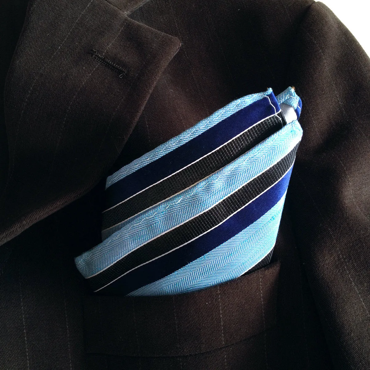 Blue Striped Linen Pocket Square. "Atwater" woven silk blend.