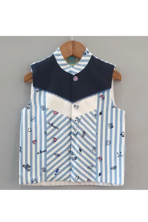 Blue striped printed nehru jacket