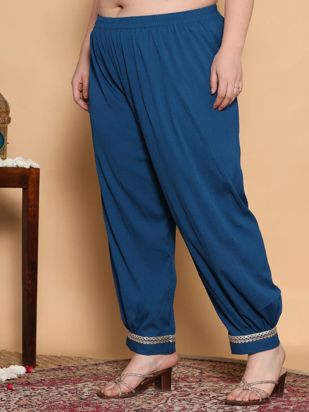 Blue Textured Afghani Salwar - Embellished