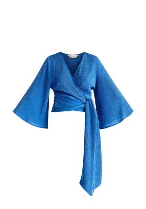 Blue Textured Wrap Kimono Blouse