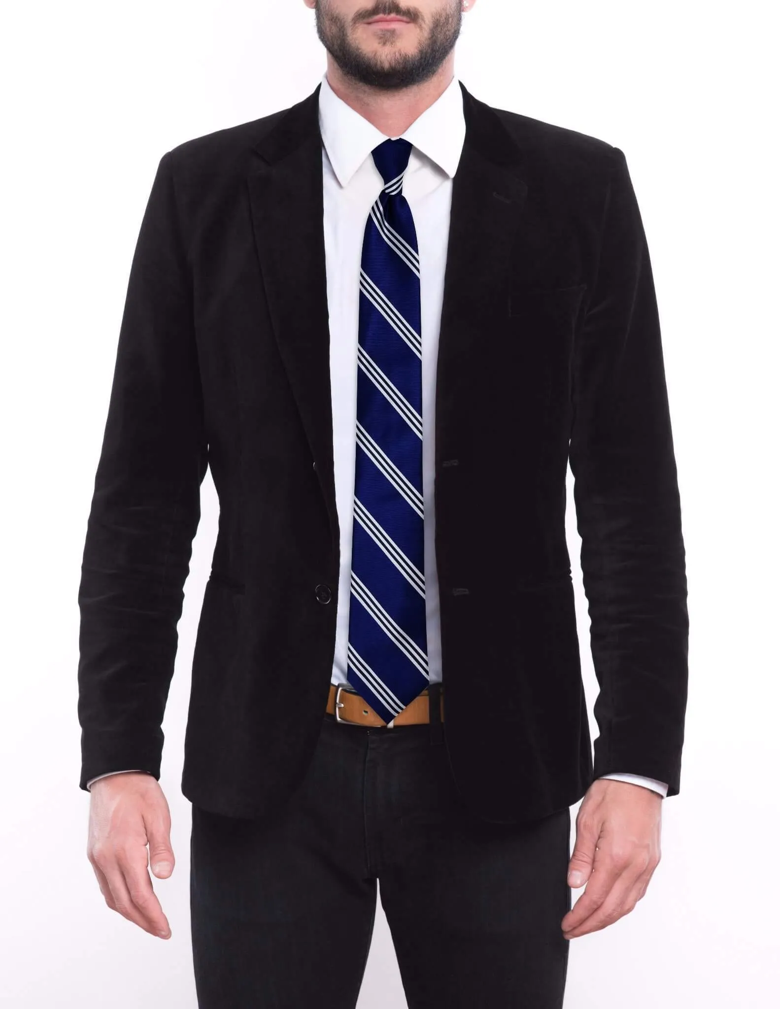 Blue Three Silver Striped Skinny Tie