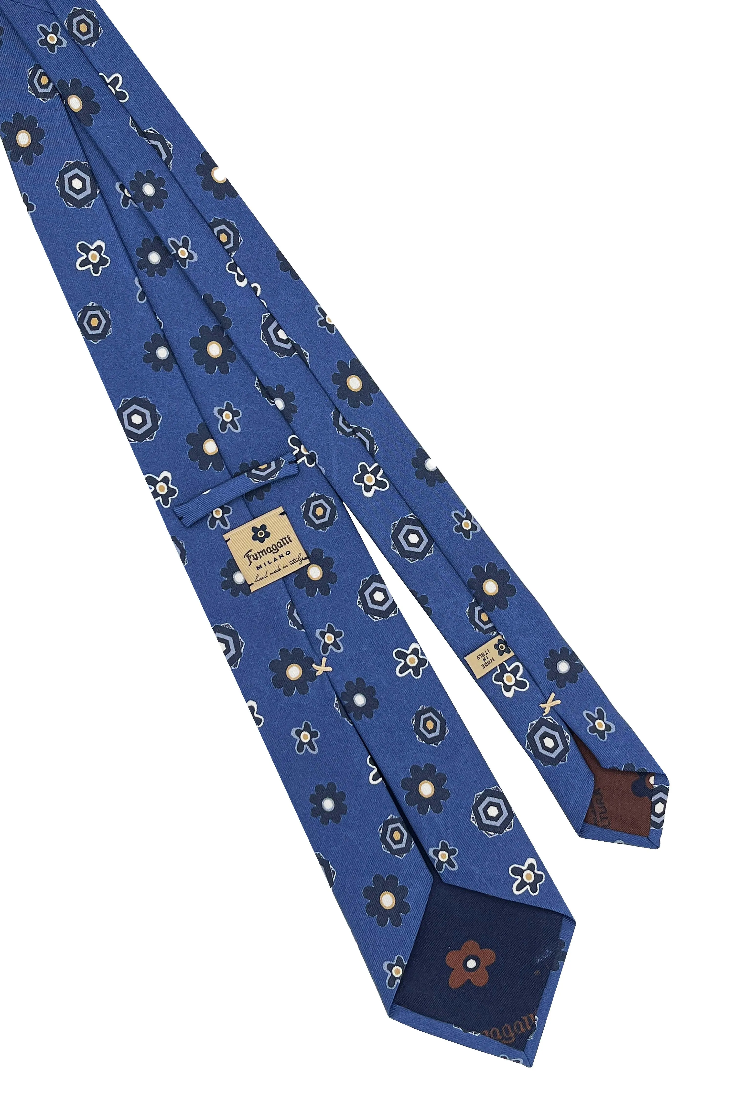 Blue tie in pure silk printed with blue flowers and geometrical design