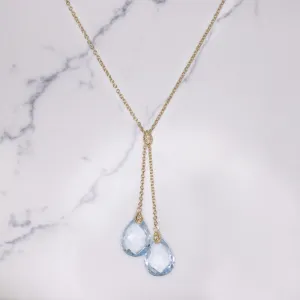 BLUE TOPAZ 14k YELLOW GOLD LARIAT NECKLACE NATURAL TEARDROP PEAR SHAPE DROP 27ct