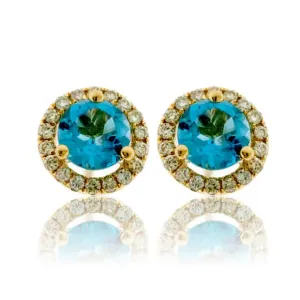 Blue Topaz with Diamond Halo Stud Earrings