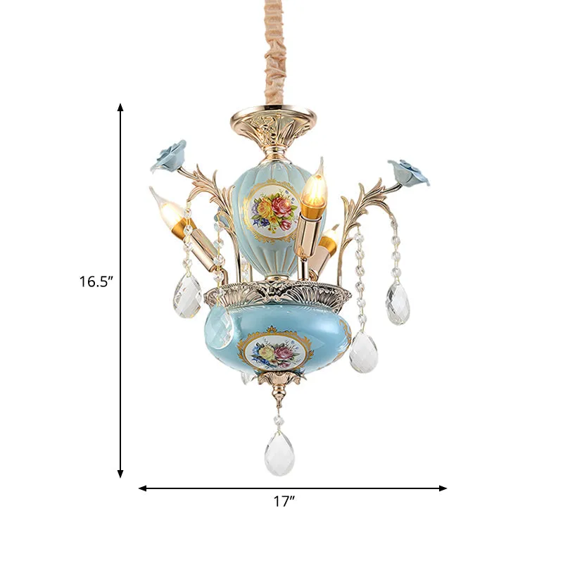 Blue Traditional Ceramic Hanging Chandelier - 2 Layers, 3-Light Corridor Pendant Lamp