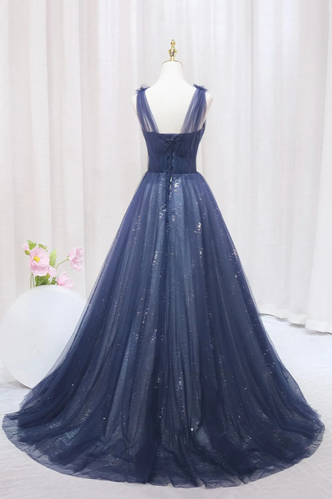 Blue Tulle Beaded Long Prom Dress, Blue A-Line Evening Party Dress