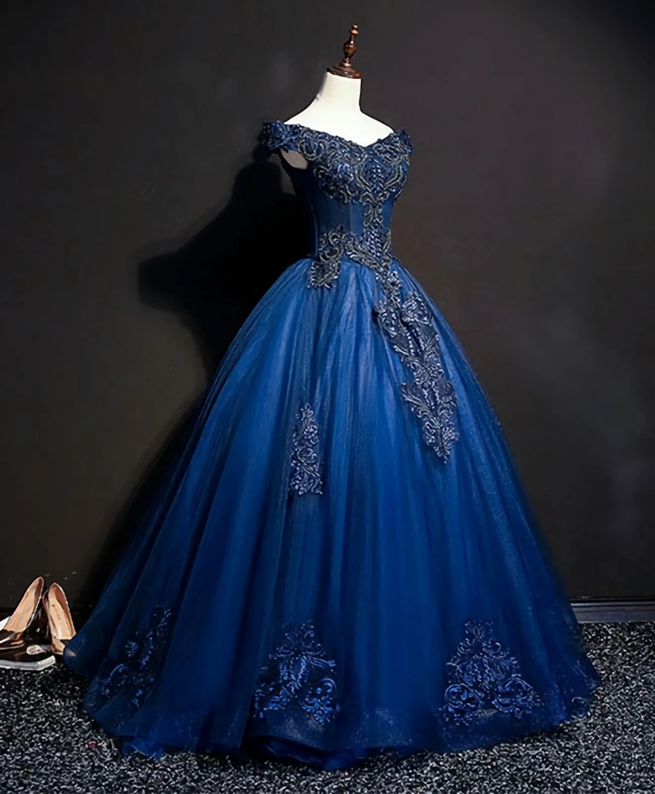 Blue Tulle Lace Off Shoulder Long Prom Dress, Blue Tulle Lace Evening Dress