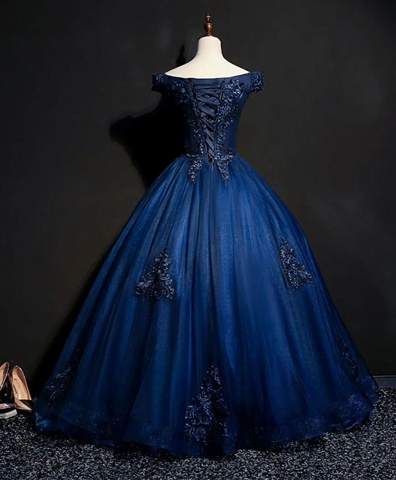 Blue Tulle Lace Off Shoulder Long Prom Dress, Blue Tulle Lace Evening Dress