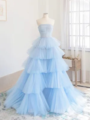 Blue tulle long prom dress blue tulle evening dress