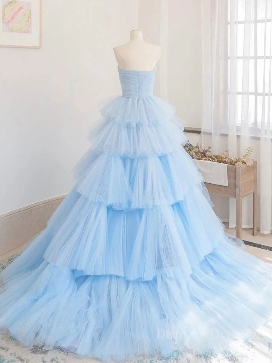 Blue tulle long prom dress blue tulle evening dress